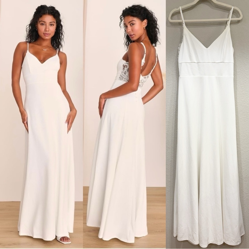 Lulu's White Spaghetti Strap Lace-Back Wedding Dress